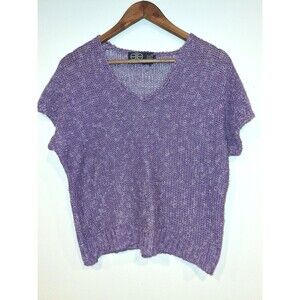 Vintage David Brett Sz L Linen Knit Purple Cropped Short Sleeve Sweater